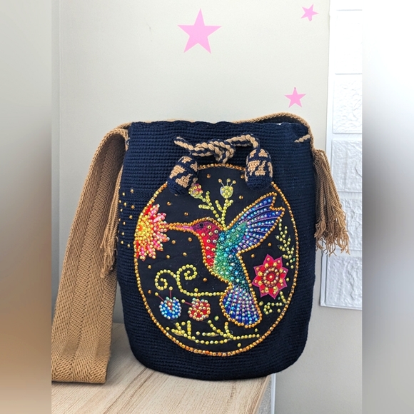 Wayuu Tribe Handbags - Authentic Wayuu Bag/ Hummingbird/ Handmade Bags/ Size L / Dark Blue/Camel